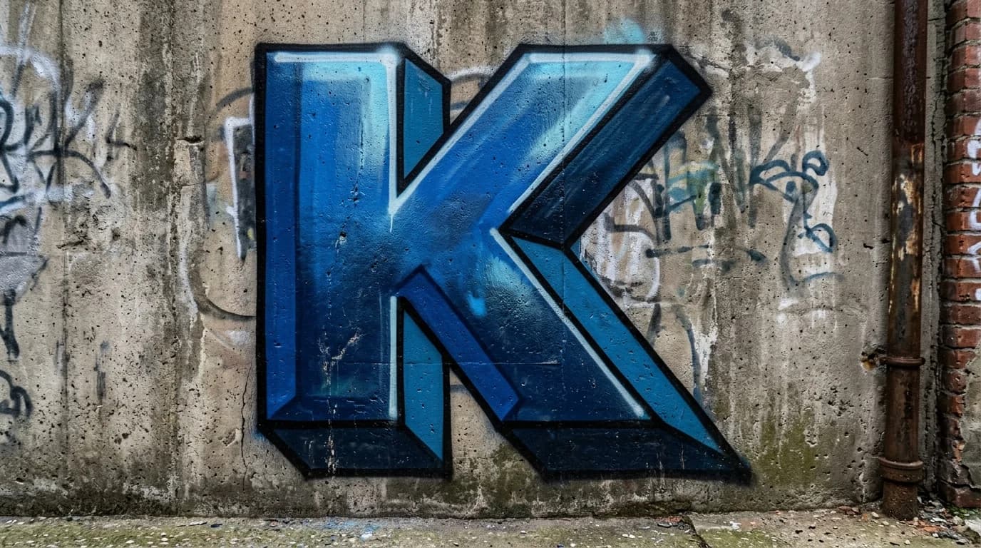 Photorealistic 3D graffiti letter K on a real street wall