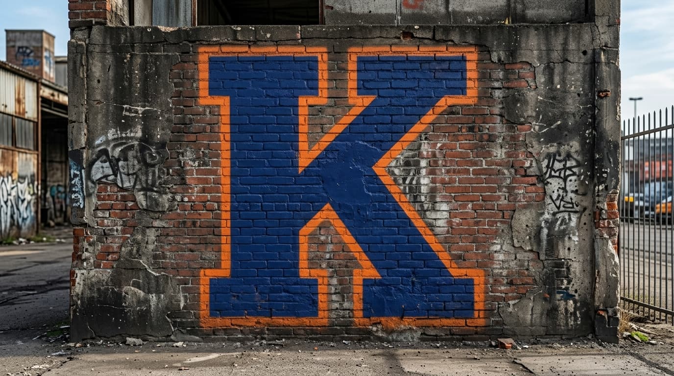 Photorealistic Blockbuster graffiti letter K on a real street wall