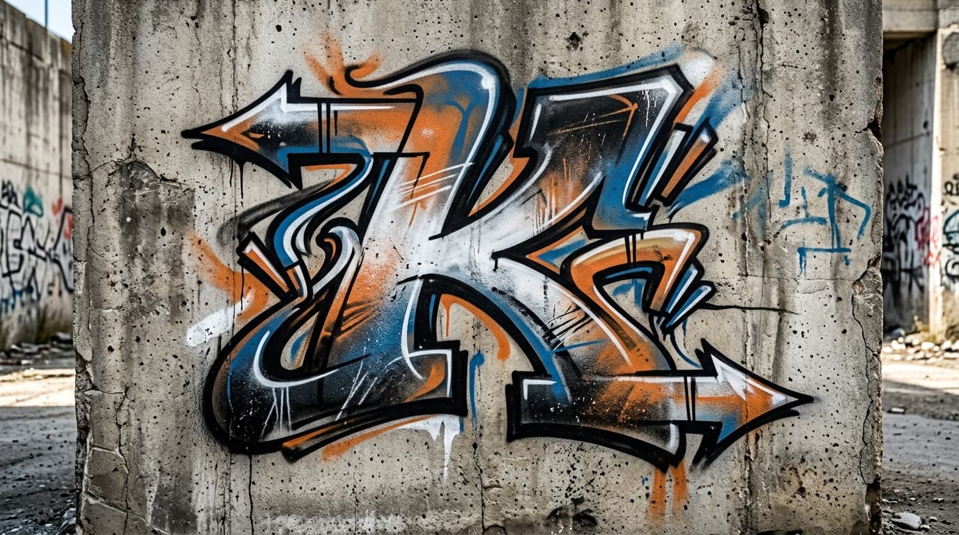 Photorealistic Wildstyle graffiti letter K on a real street wall