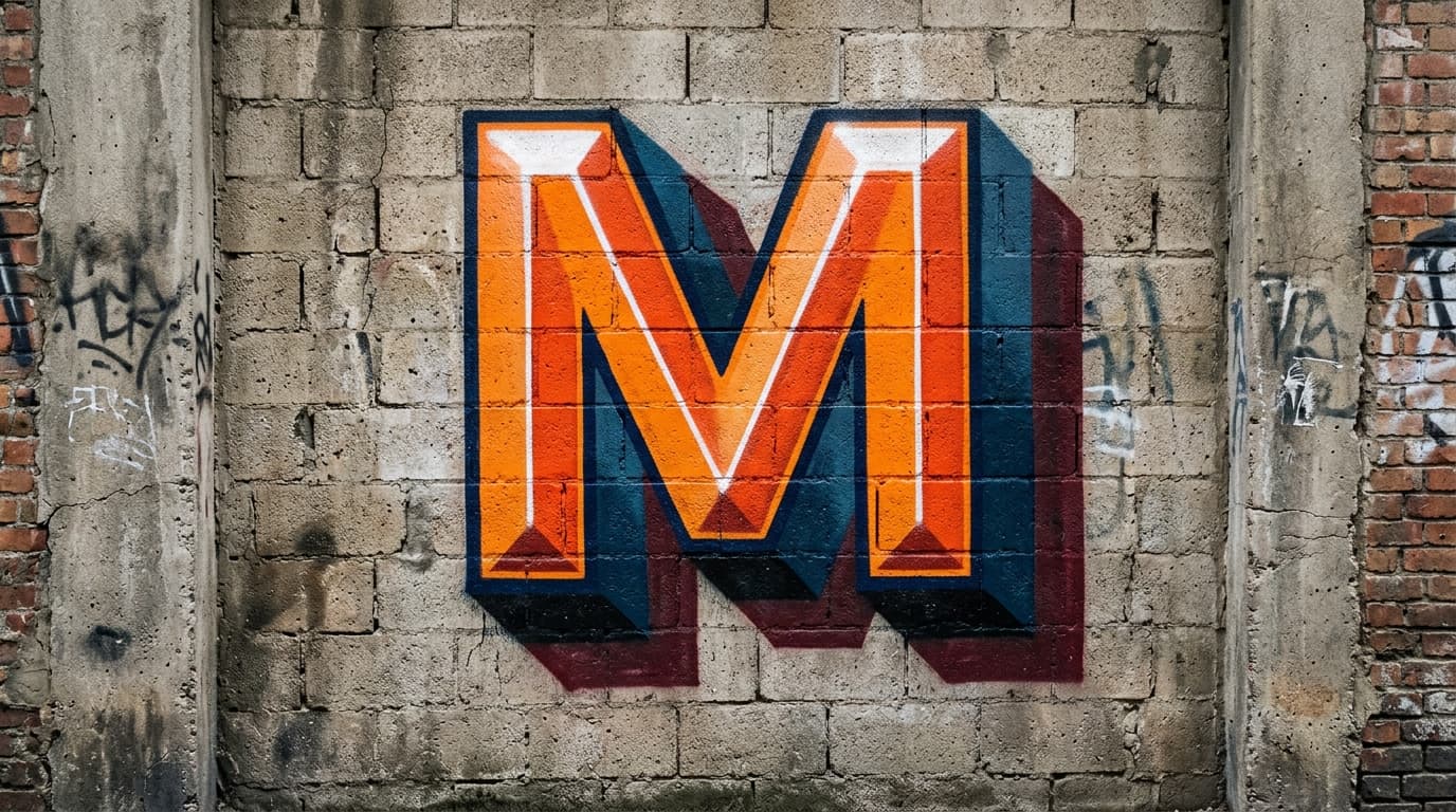 Photorealistic 3D graffiti letter M on a real street wall