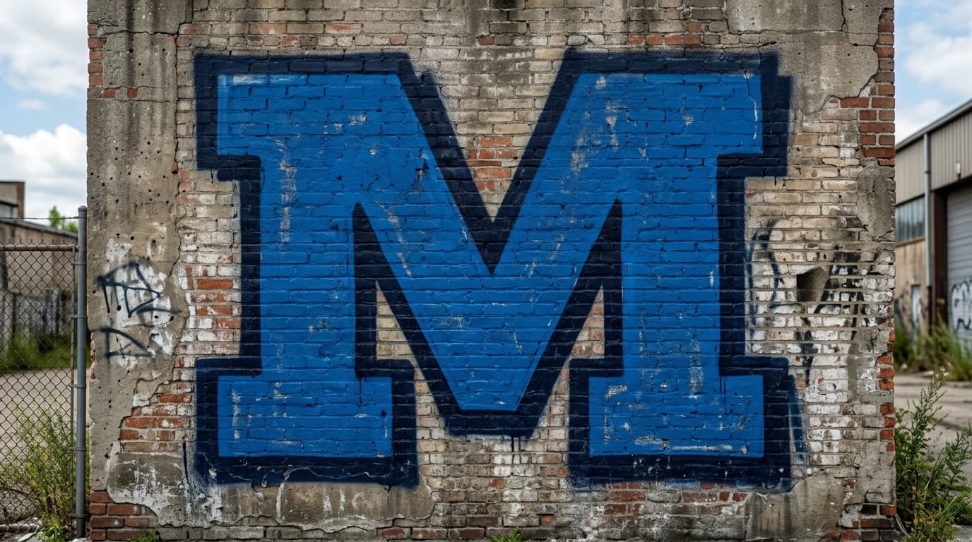 Photorealistic Blockbuster graffiti letter M on a real street wall