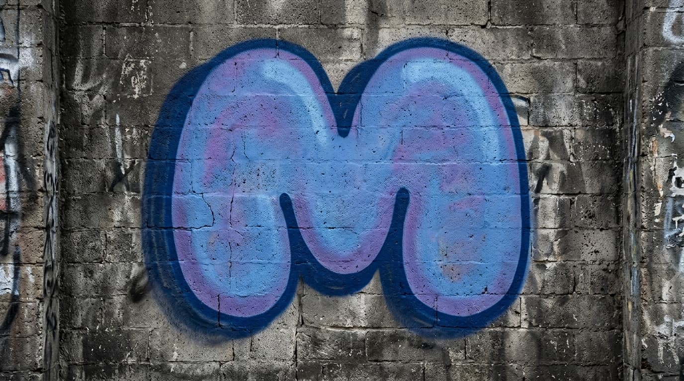 Photorealistic Bubble graffiti letter M on a real street wall