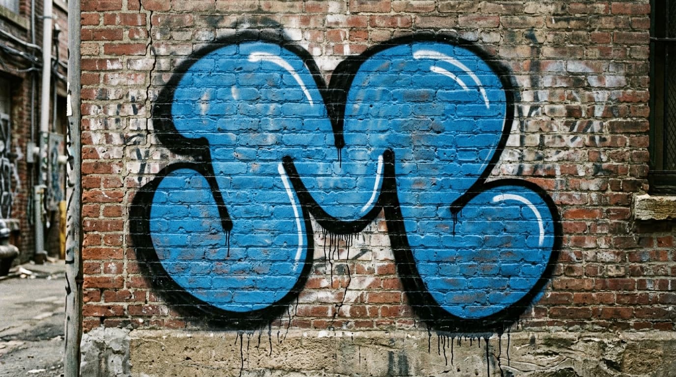 Photorealistic Throw-up graffiti letter M on a real street wall