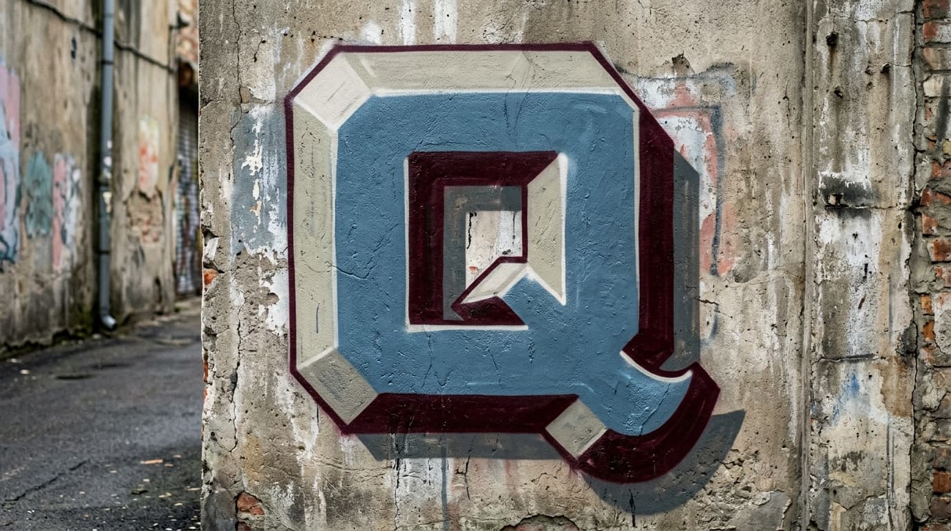 Photorealistic 3D graffiti letter Q on a real street wall