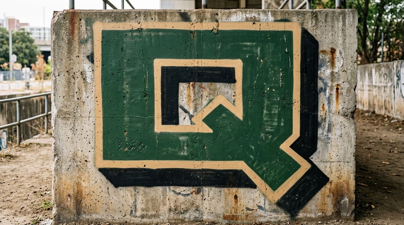 Photorealistic Blockbuster graffiti letter Q on a real street wall