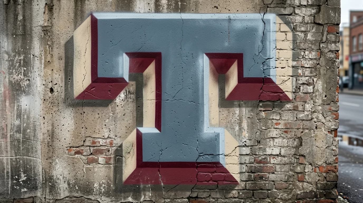 Photorealistic 3D graffiti letter T on a real street wall