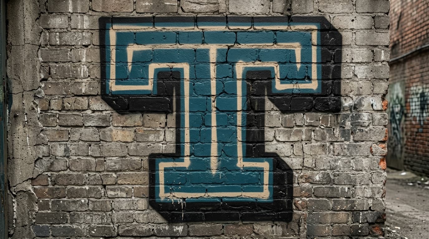 Photorealistic Blockbuster graffiti letter T on a real street wall