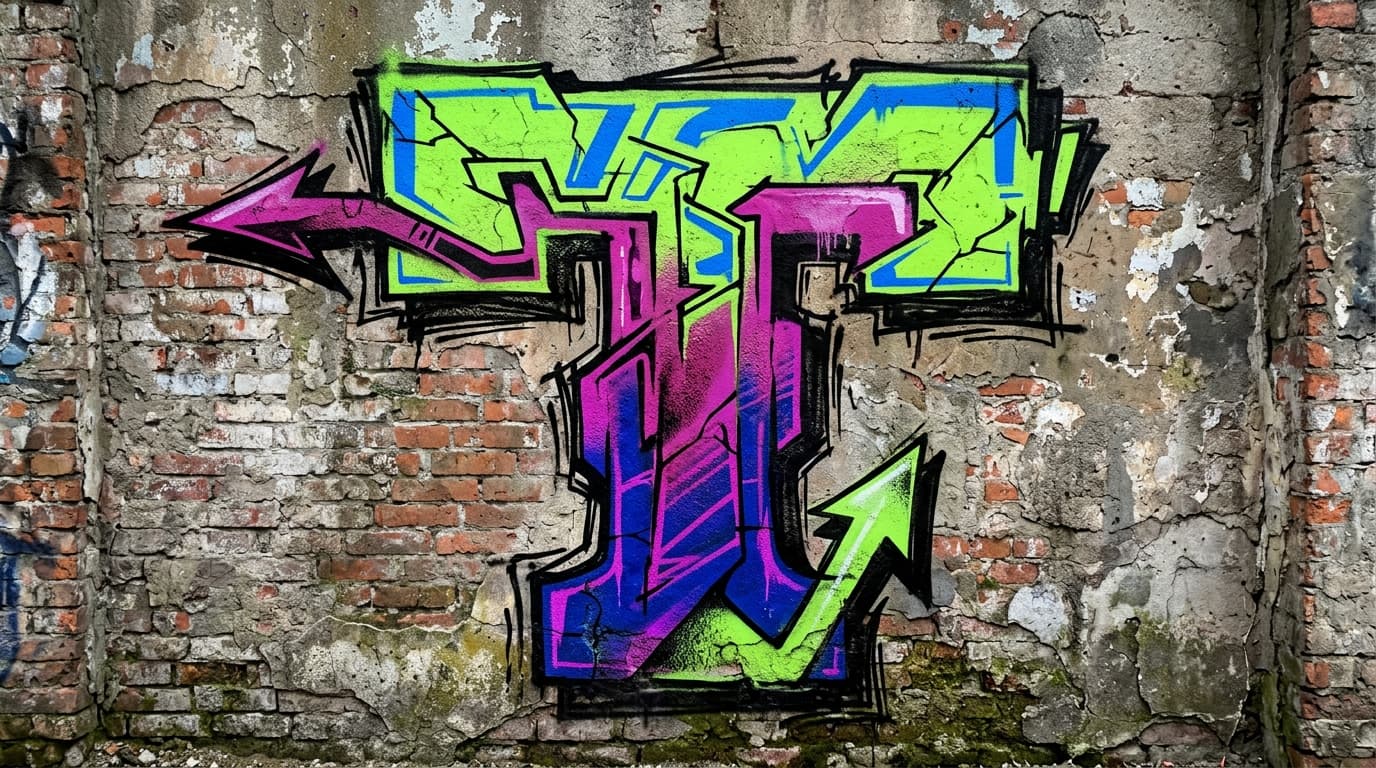 Photorealistic Wildstyle graffiti letter T on a real street wall