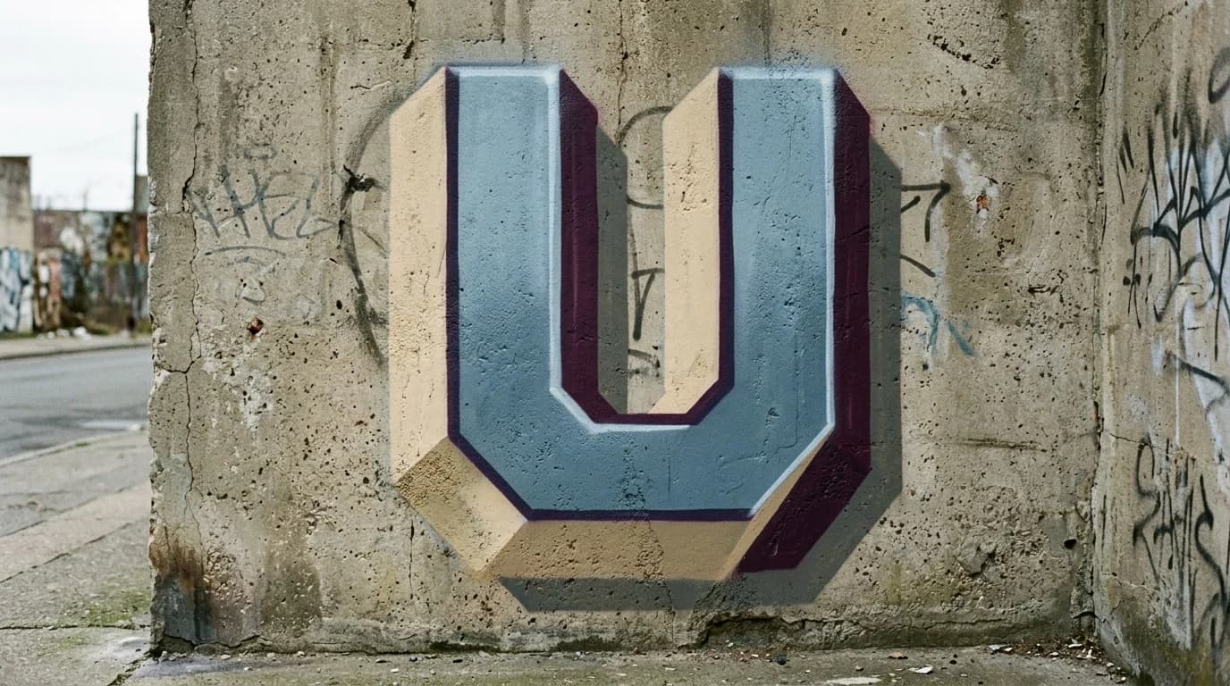 Photorealistic 3D graffiti letter U on a real street wall