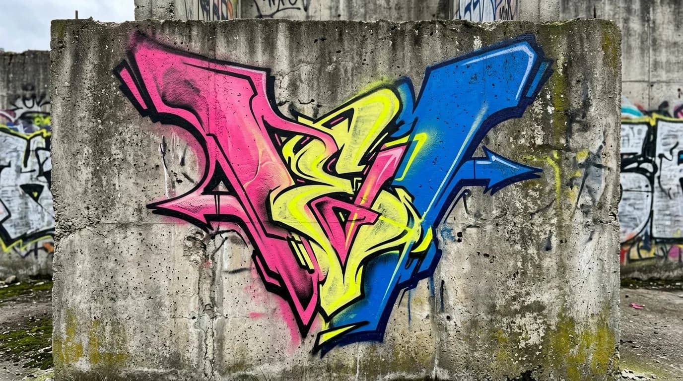 Photorealistic Wildstyle graffiti letter V on a real street wall
