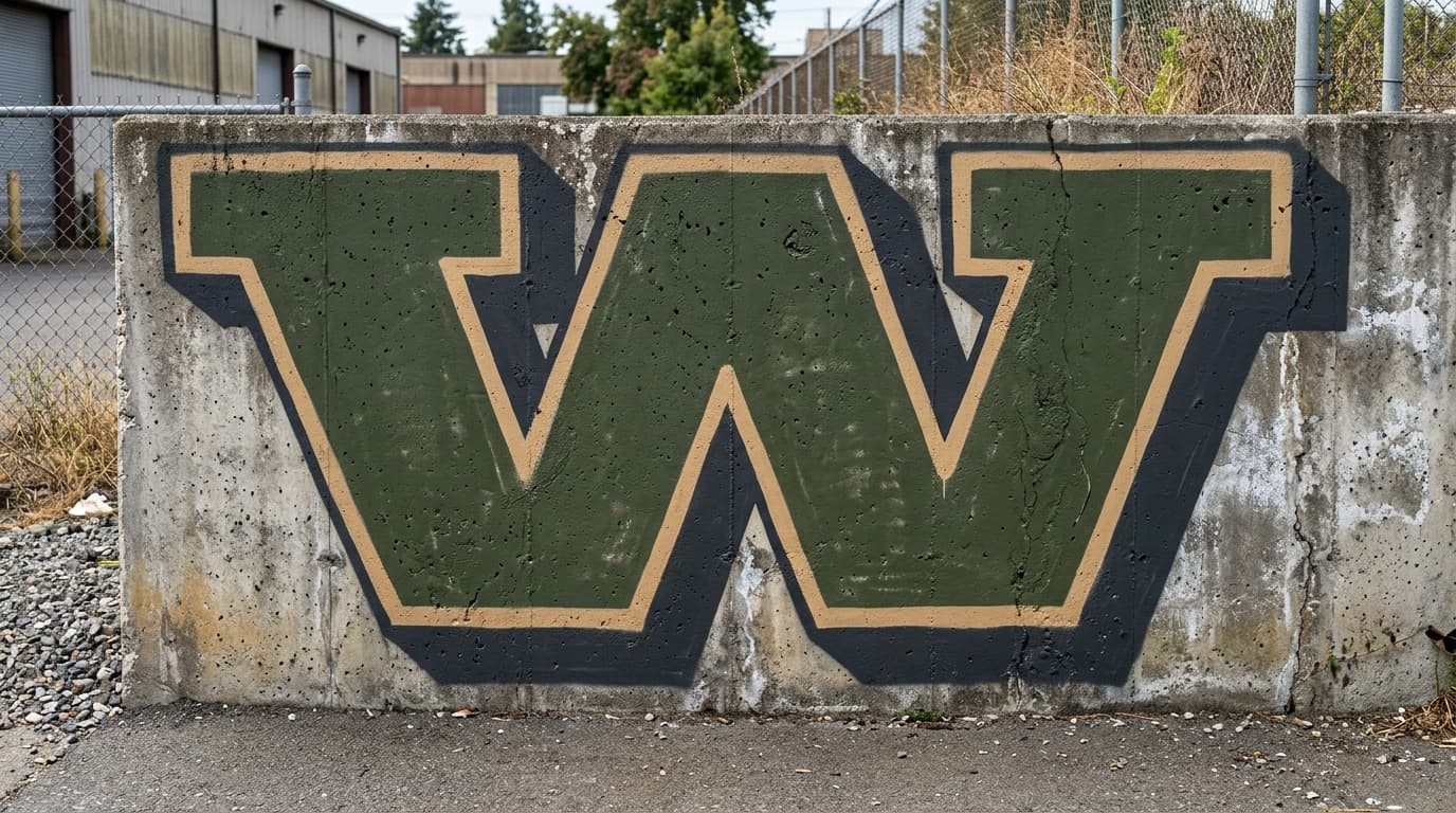 Photorealistic Blockbuster graffiti letter W on a real street wall