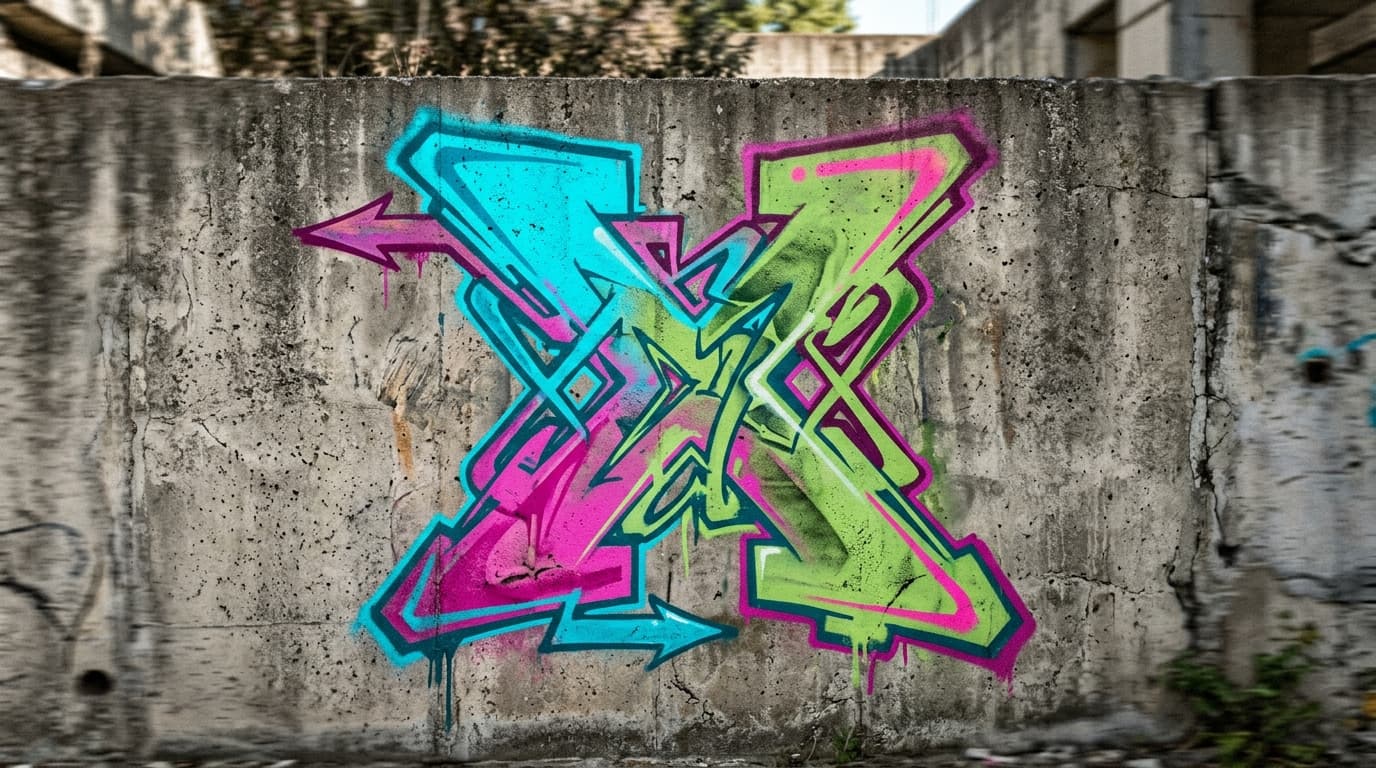Photorealistic Wildstyle graffiti letter X on a real street wall