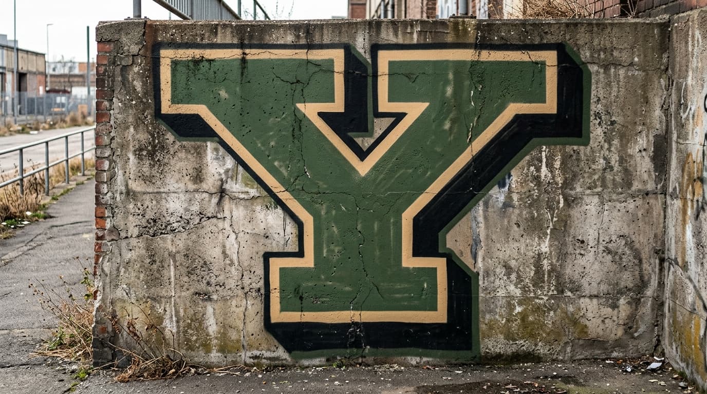 Photorealistic Blockbuster graffiti letter Y on a real street wall