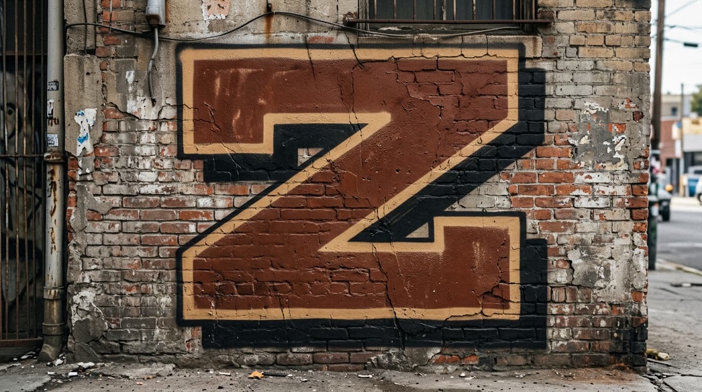Photorealistic Blockbuster graffiti letter Z on a real street wall