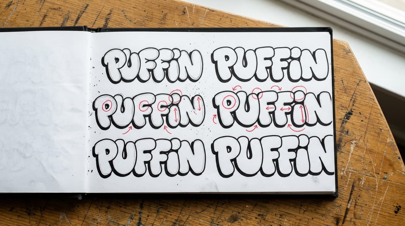 Blackbook spread showing the word PUFFIN repeated in bubble letters with spacing and counter fixes marked in red