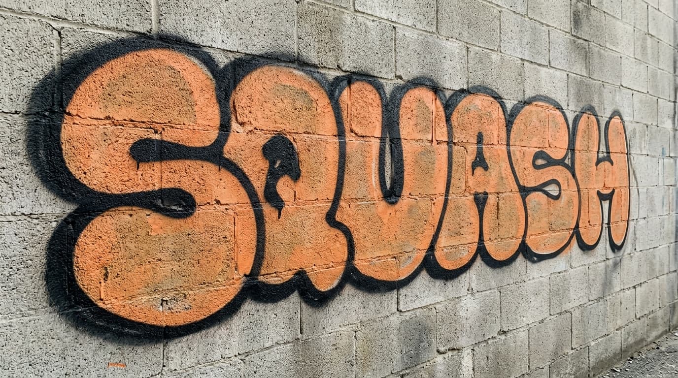 Bubble-letter word SQUASH on a cinderblock wall with cramped spacing, uneven bar weight, and crowded inner openings