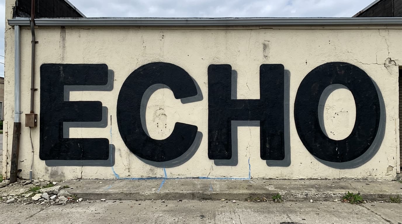 Word ECHO painted as clean beginner-friendly block graffiti on a weathered cream stucco loading-dock wall