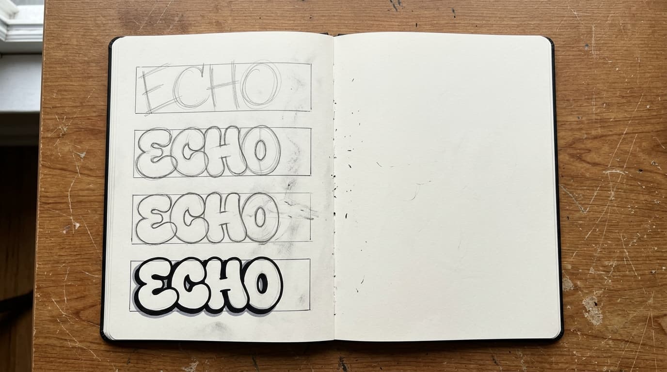 Blackbook spread showing the word ECHO through four stages from skeleton to a finished easy graffiti sketch