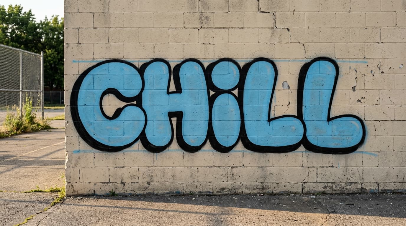 Word CHILL painted in easy blue bubble graffiti on a sunlit cinderblock handball-court wall