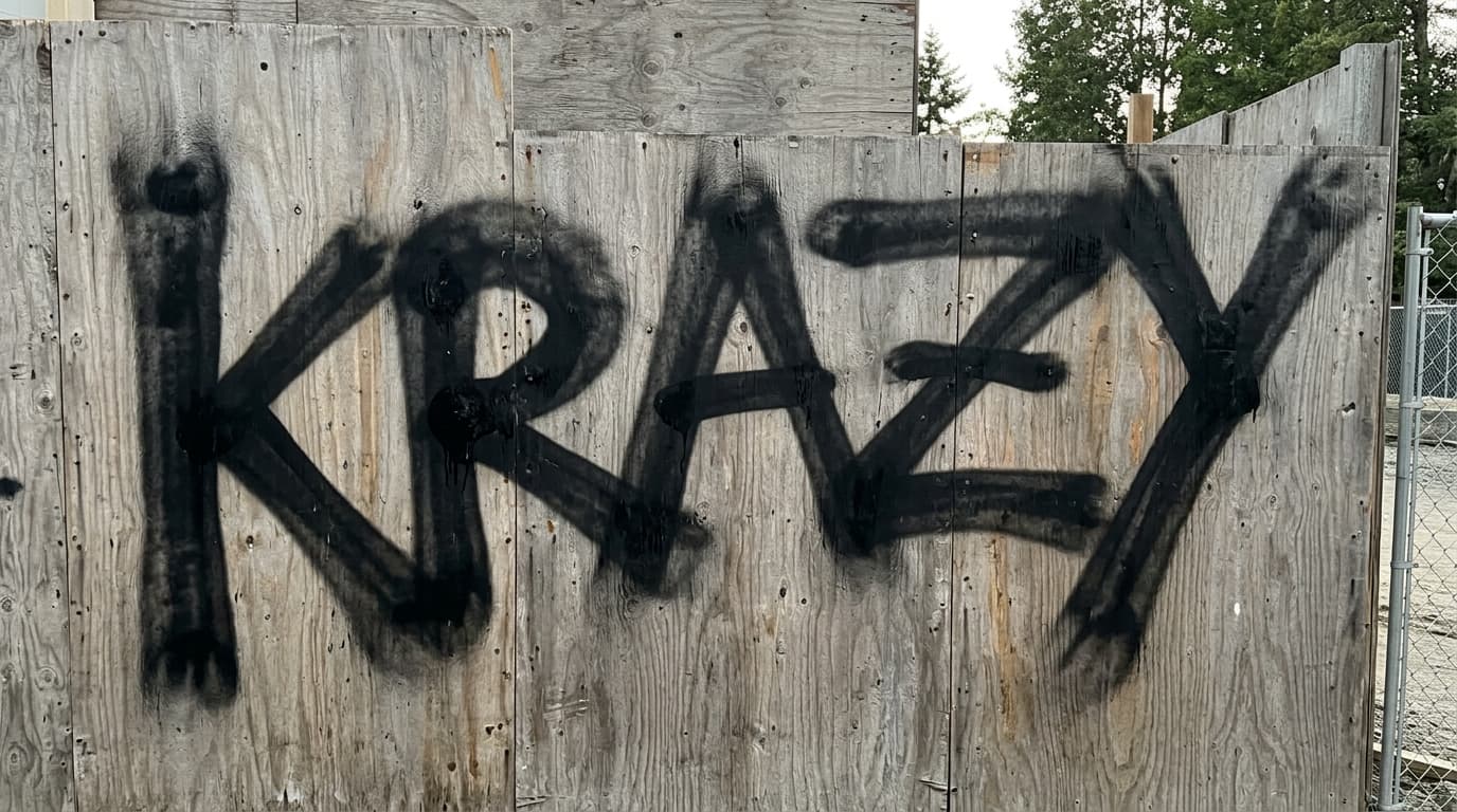 Word KRAZY painted as cramped beginner block graffiti on plywood hoarding with colliding diagonals and uneven weight