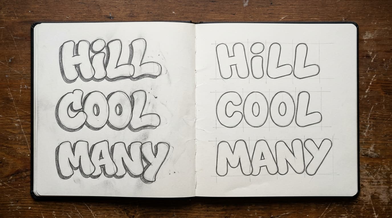 Open blackbook showing benchmark words HILL COOL and MANY redrawn more cleanly on the second page with steadier spacing and guides