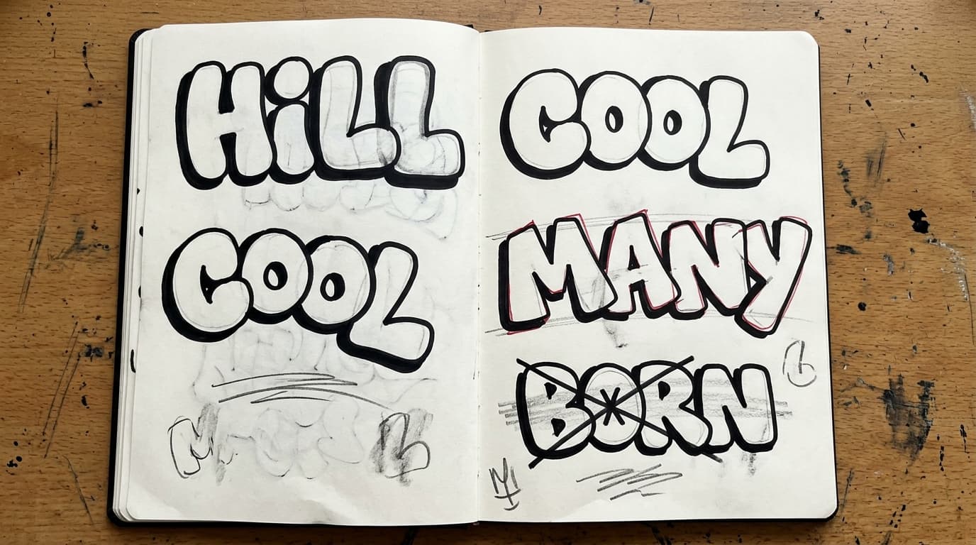 Blackbook page with failed graffiti alphabet practice where heavy stems, cramped counters, and inconsistent diagonal angles break the family logic