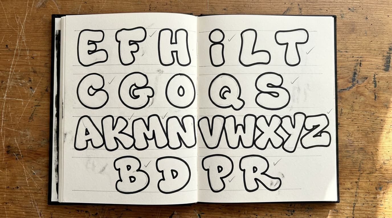 Open blackbook showing a graffiti alphabet practice session grouped into letter-family rows on a school art-room table