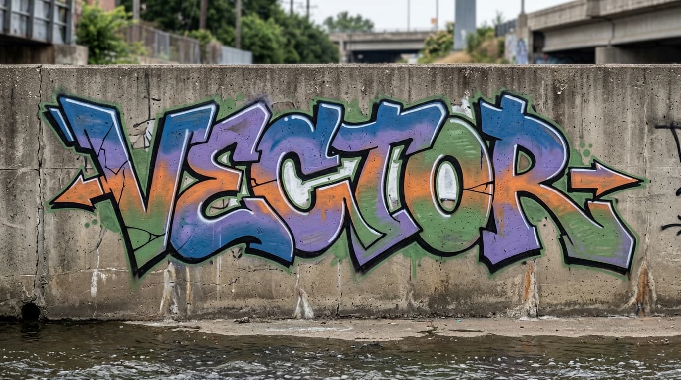 Readable wildstyle graffiti piece spelling VECTOR on a weathered concrete canal wall with visible wall texture and open negative space