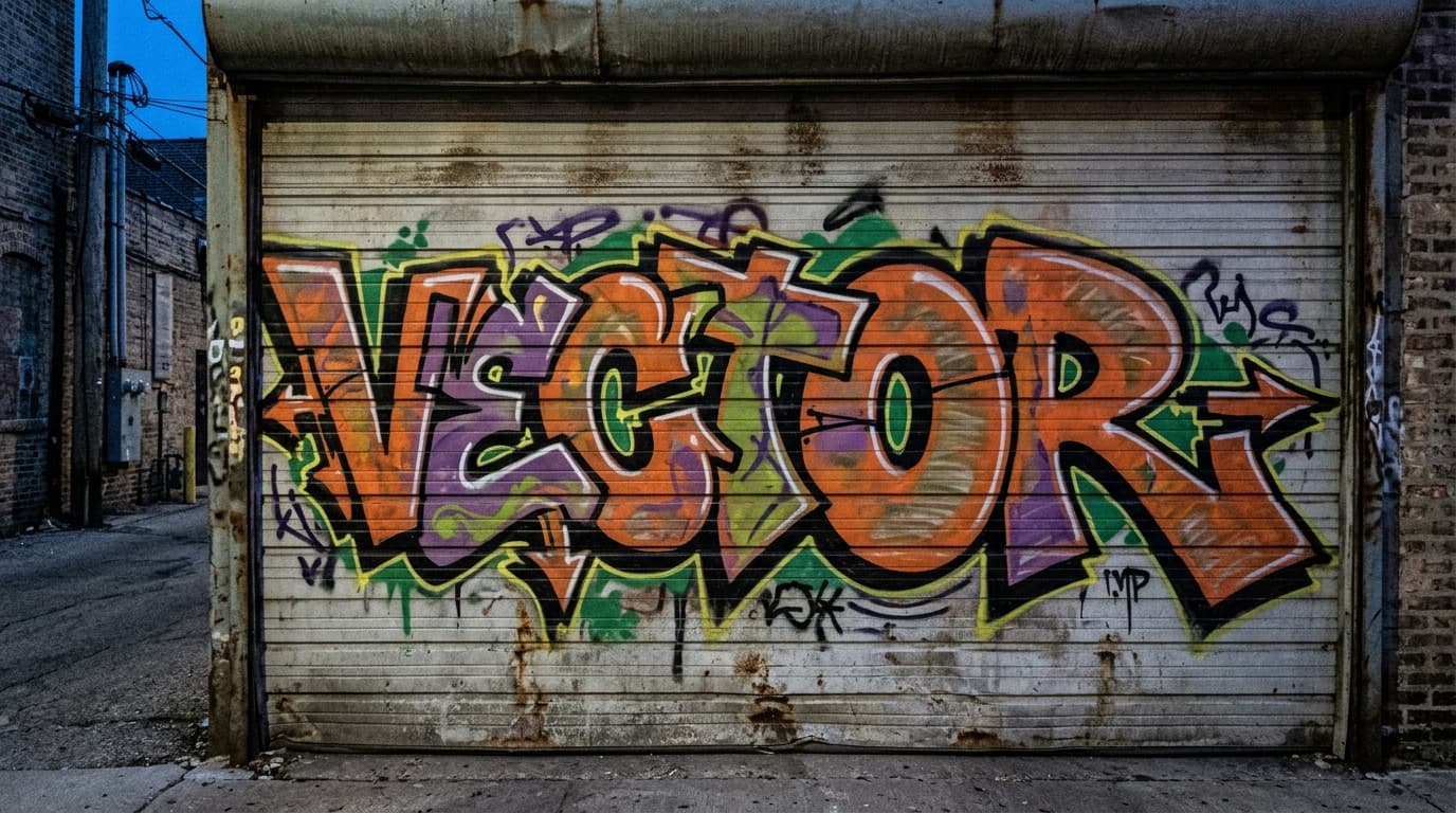 Failed readable-wildstyle VECTOR piece on a corrugated roll-up door with cramped VE handoff, muddy middle letters, and a forced R exit