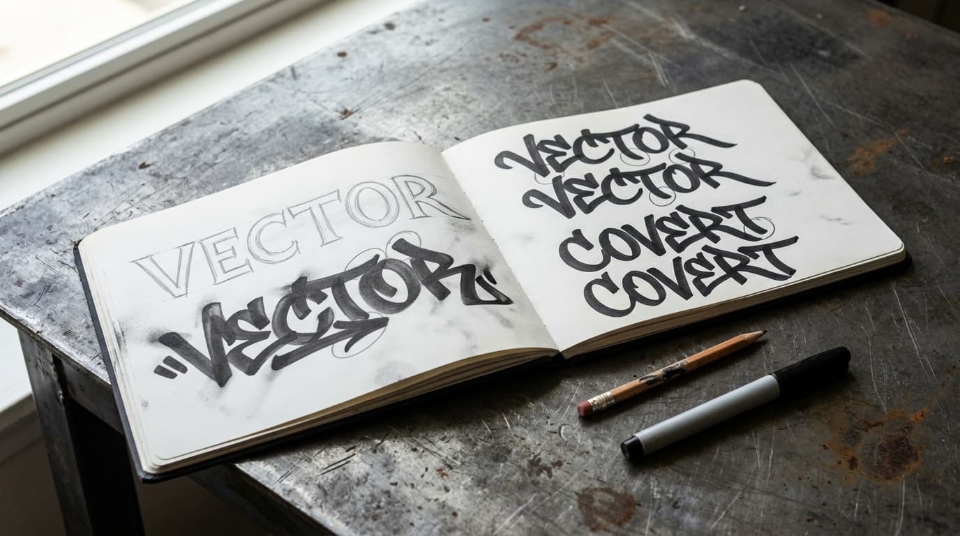 Open blackbook on a scarred metal table showing VECTOR skeleton letters, darker wildstyle passes, and repeated benchmark word drills
