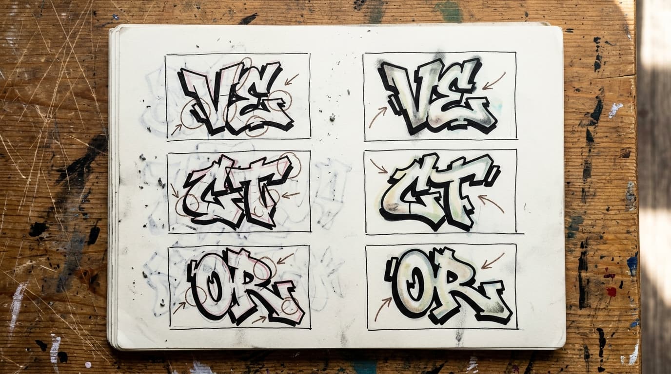 Blackbook critique sheet showing bad and improved wildstyle letter pairs for VE CT and OR with handwritten arrows marking the fixes