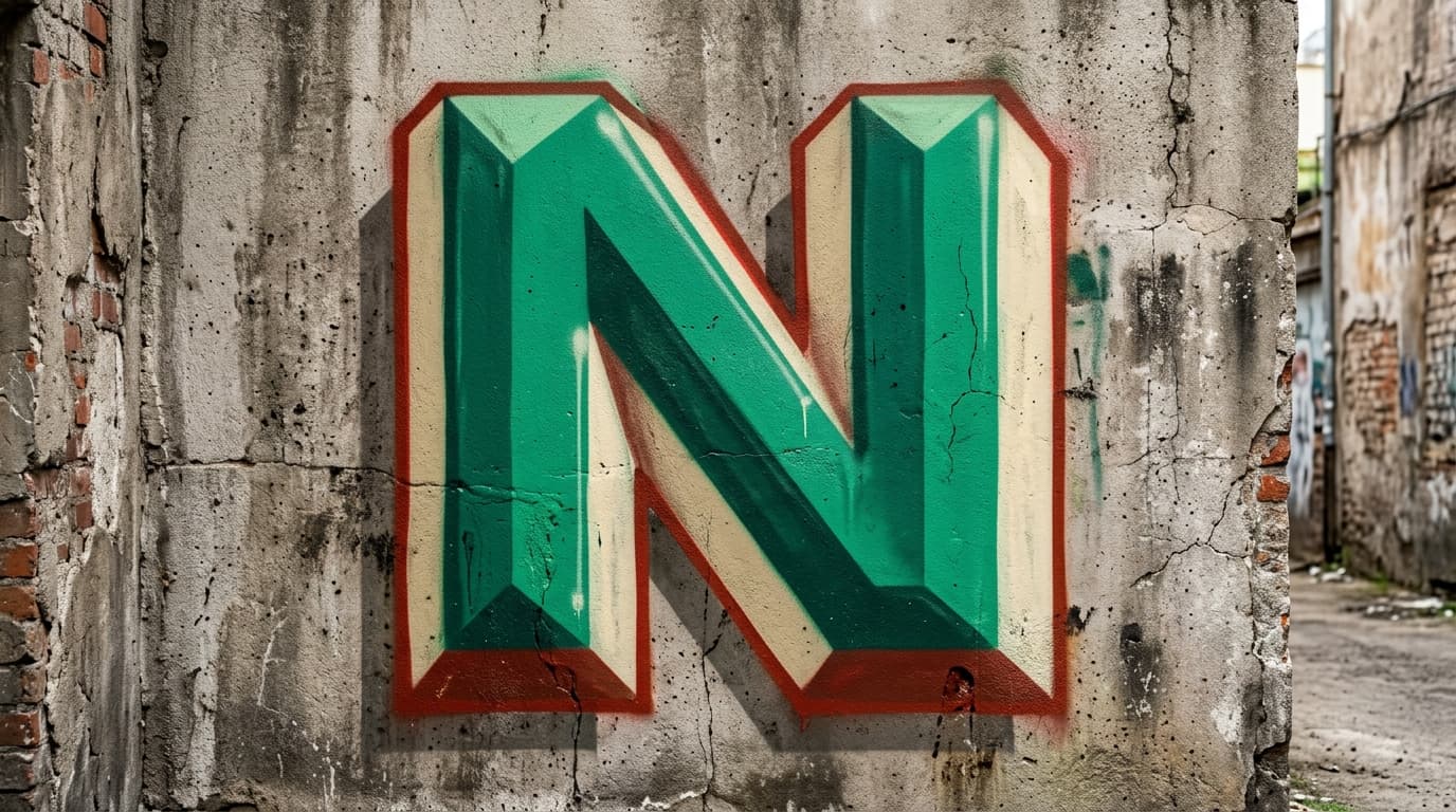 Photorealistic 3D graffiti letter N on a real street wall
