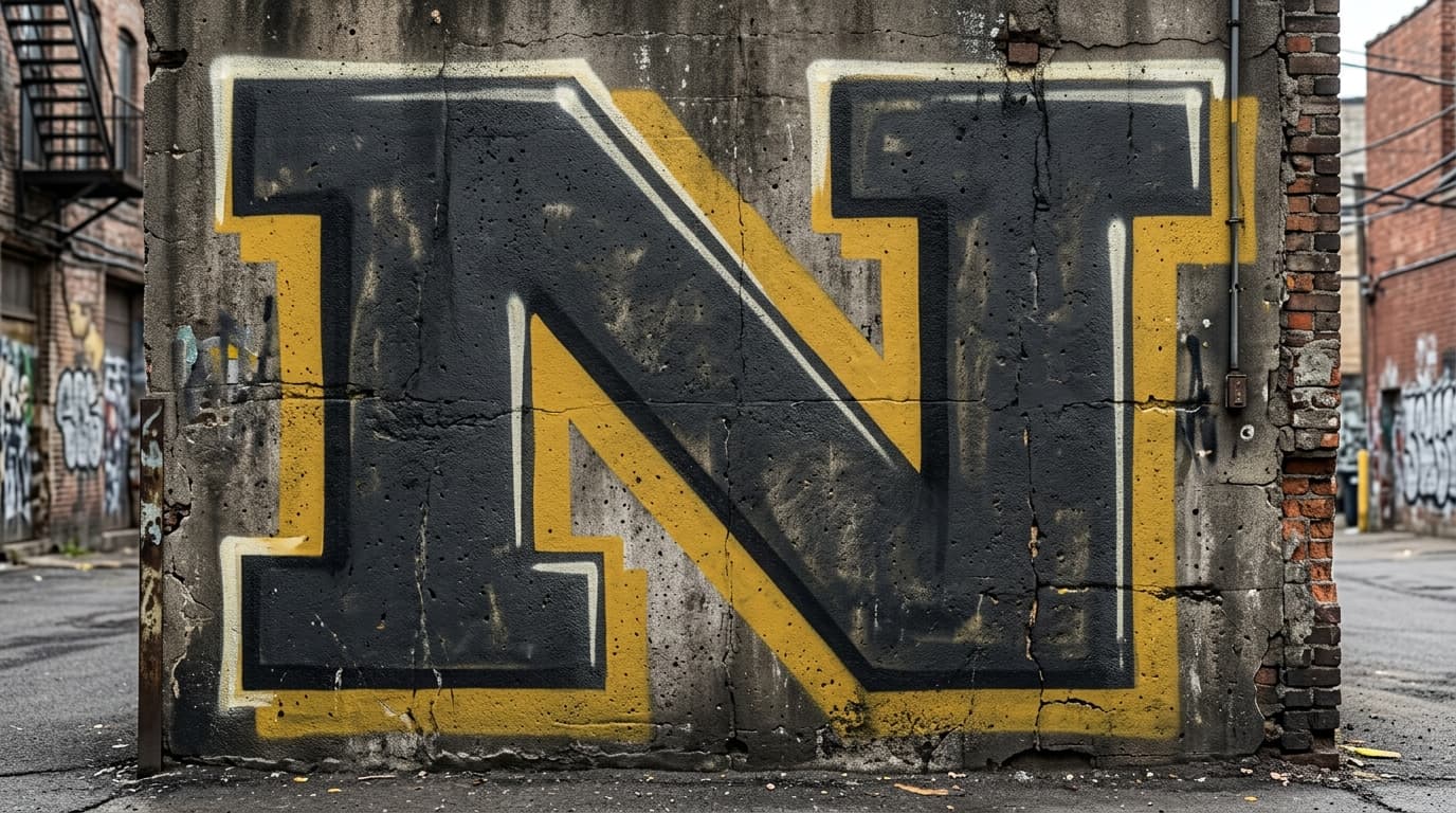 Photorealistic Blockbuster graffiti letter N on a real street wall