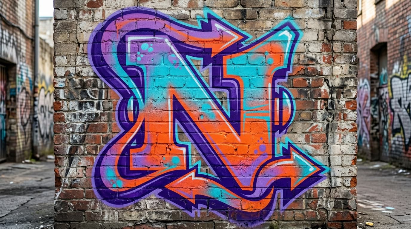 Photorealistic Wildstyle graffiti letter N on a real street wall