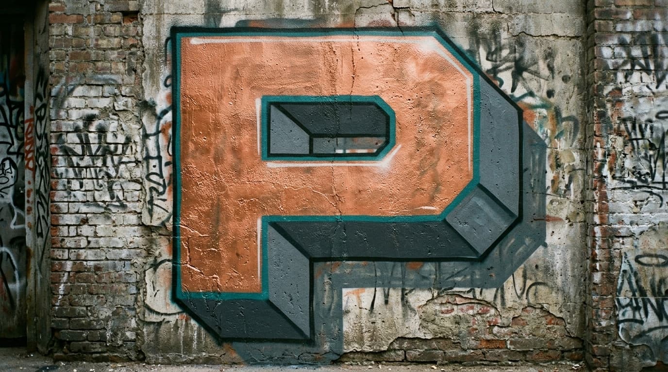 Photorealistic 3D graffiti letter P on a real street wall