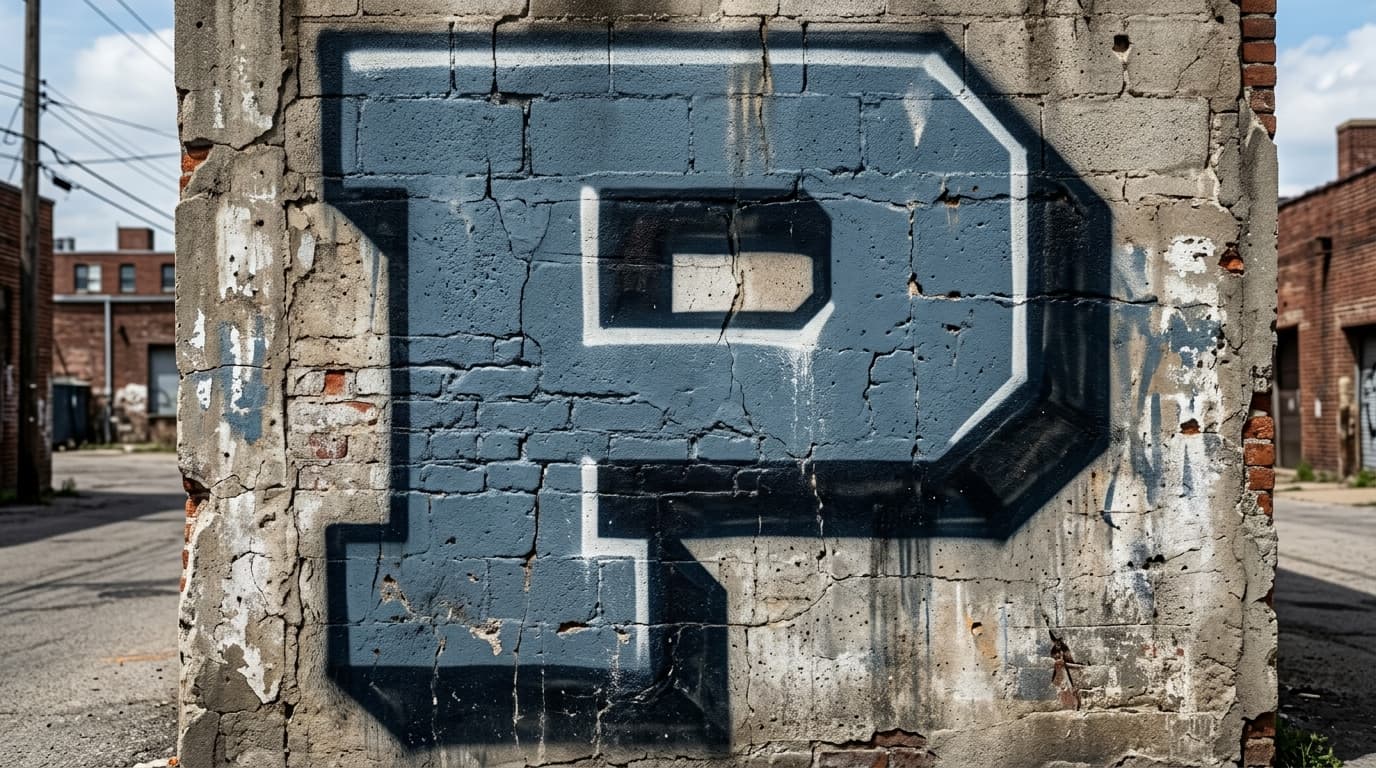 Photorealistic Blockbuster graffiti letter P on a real street wall