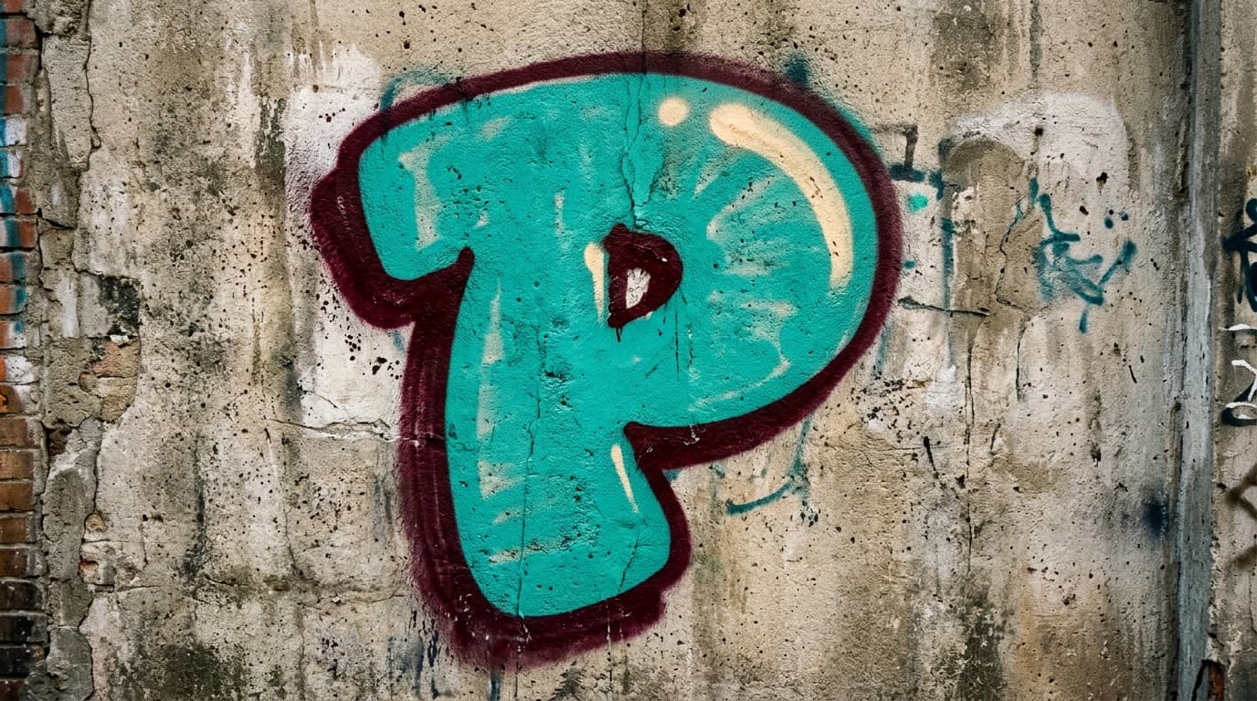 Photorealistic Throw-up graffiti letter P on a real street wall