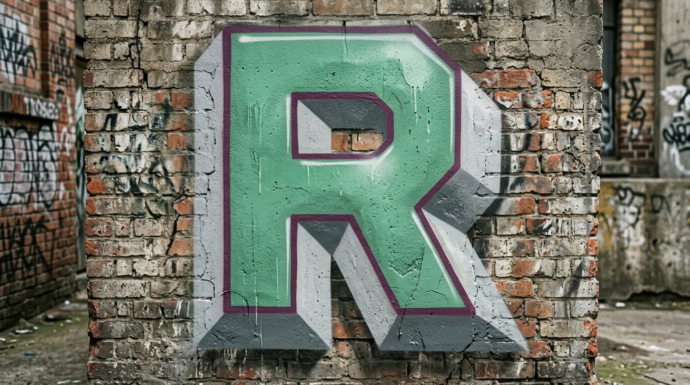 Photorealistic 3D graffiti letter R on a real street wall