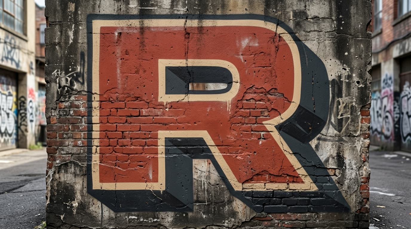 Photorealistic Blockbuster graffiti letter R on a real street wall