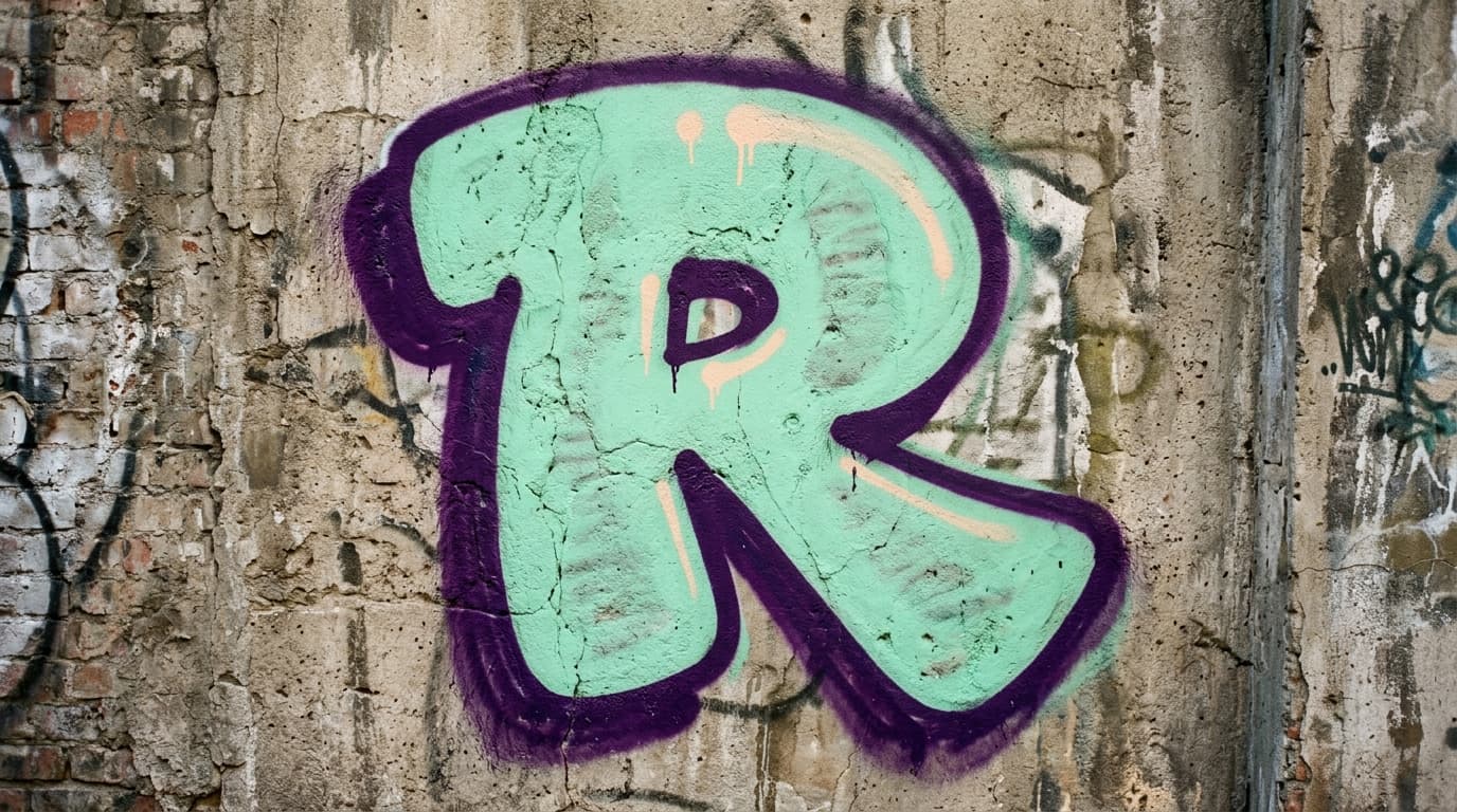 Photorealistic Throw-up graffiti letter R on a real street wall