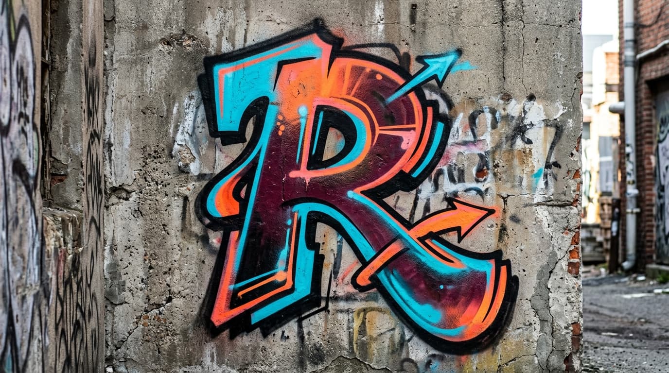Photorealistic Wildstyle graffiti letter R on a real street wall