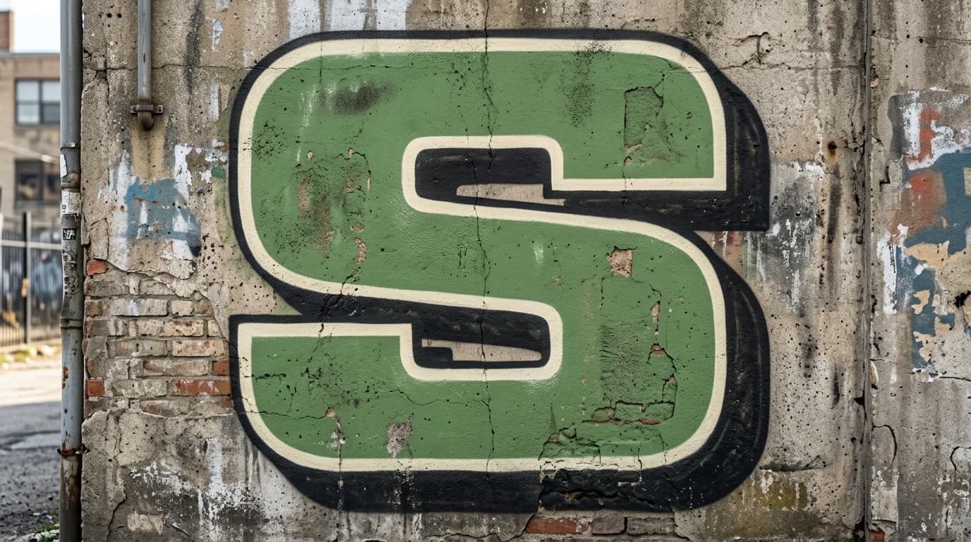 Photorealistic Blockbuster graffiti letter S on a real street wall