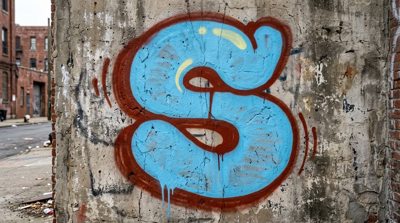 Photorealistic Throw-up graffiti letter S on a real street wall