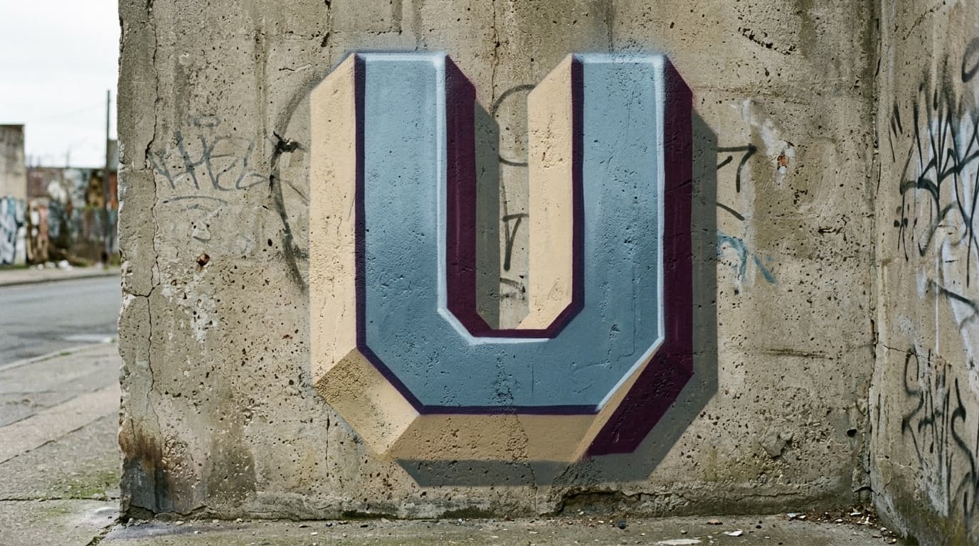 Photorealistic 3D graffiti letter U on a real street wall