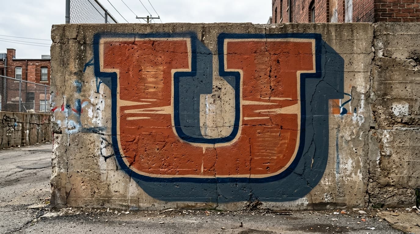 Photorealistic Blockbuster graffiti letter U on a real street wall